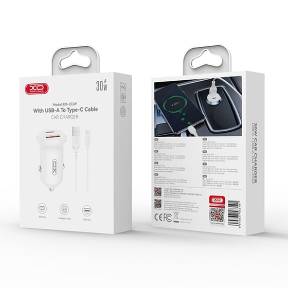 Φορτιστής Αυτοκινήτου XO CC69 1x USB-A / 1x USB-C με αποσπώμενο καλώδιο 30W - White image 2