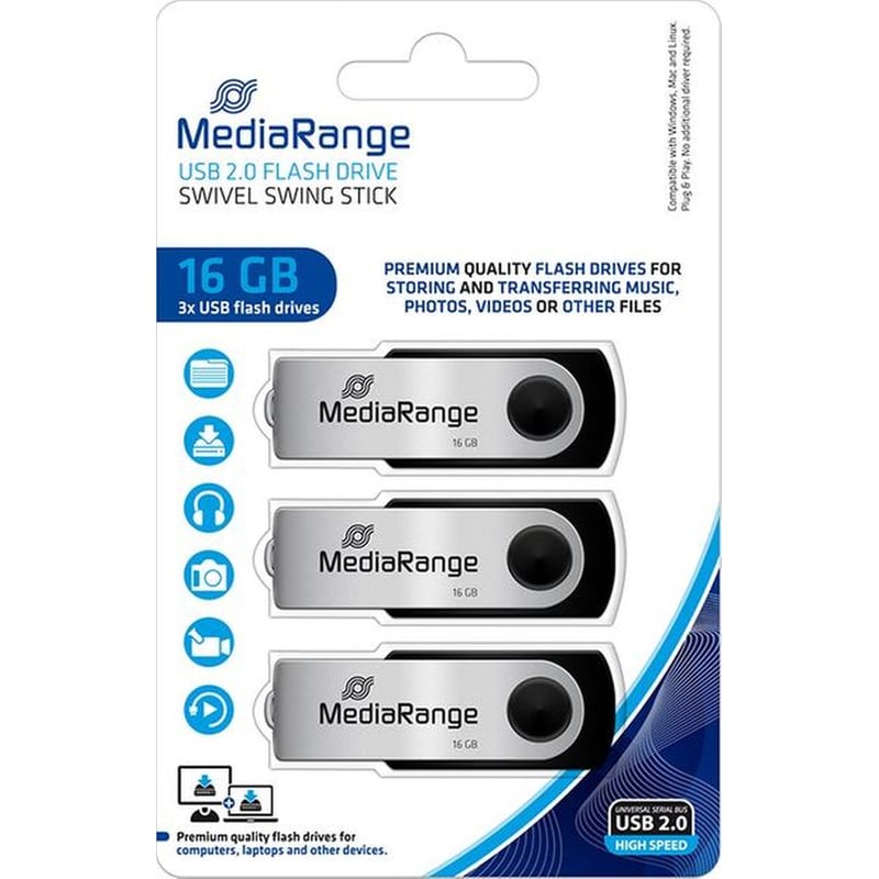 MR SSD AND USB FLASH DRIVES AND MEMORY CARDS MediaRange USB 2.0 Flash Drives 16GB Pack 3 - Μαύρο