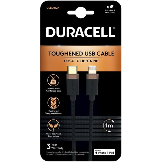 Καλώδιο Φόρτισης και Μεταφοράς Δεδομένων Duracell Toughened USB Cable USB-C σε Lightning 1m - Black image 1