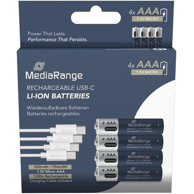 MediaRange Rechargeable USB-C Li-Ion Batteries, Micro AAA I 1.5V I 500mAh, 4-Pack (MRBAT160)
