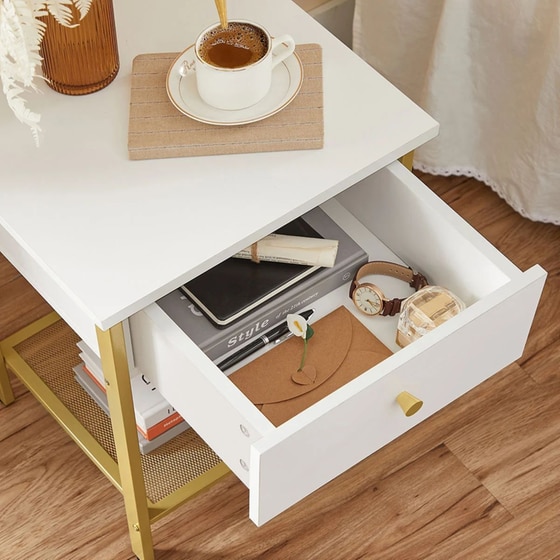 Κομοδίνο με Ράφι και Συρτάρι Vasagle από Μέταλλο/Μαριοσανίδα Let512a10 40x40x55 - Λευκό/Χρυσό image 2