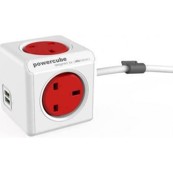 Πολύπριζο Allocacoc Powercube Extended 4 Θέσεων UK με 2 Usb - Λευκό/Κόκκινο image 1