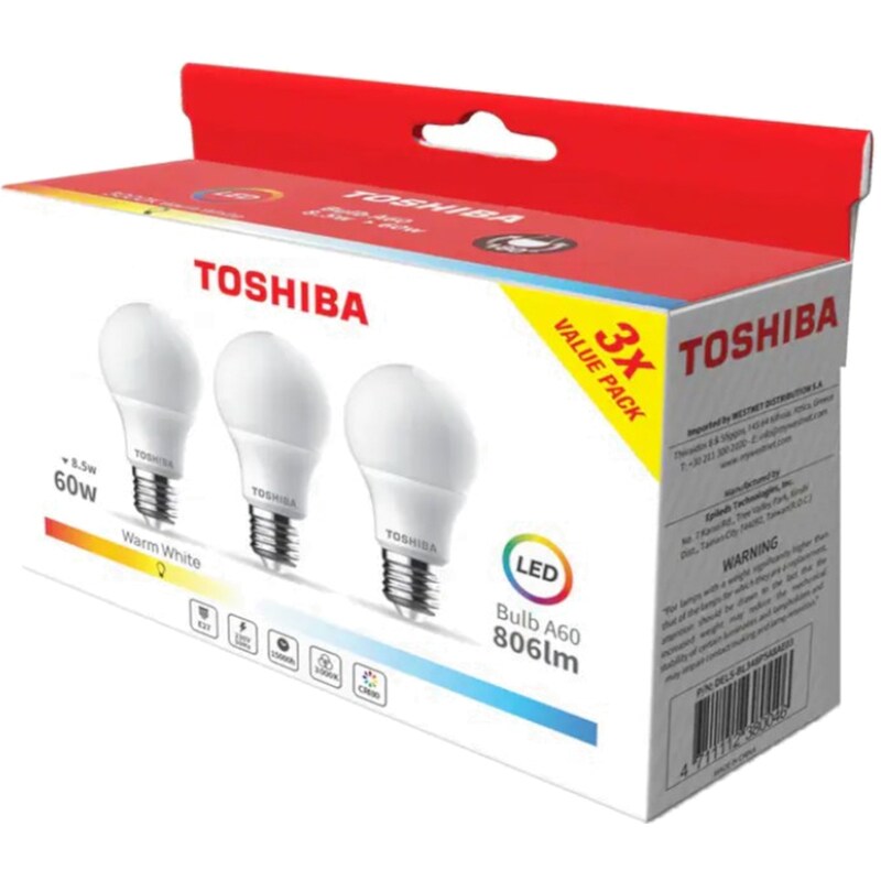 Λάμπες LED Toshiba A60 E27 8.5W 3000K 3Τμχ - Θερμό Λευκό
