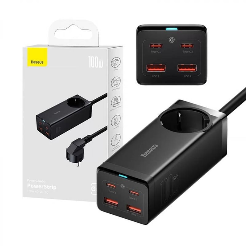 Φορτιστής Powerstrip Baseus GaN3 Pro 2x USB/ 2x USB-C/ AC 100W- Black PSZM000401 BASEUS