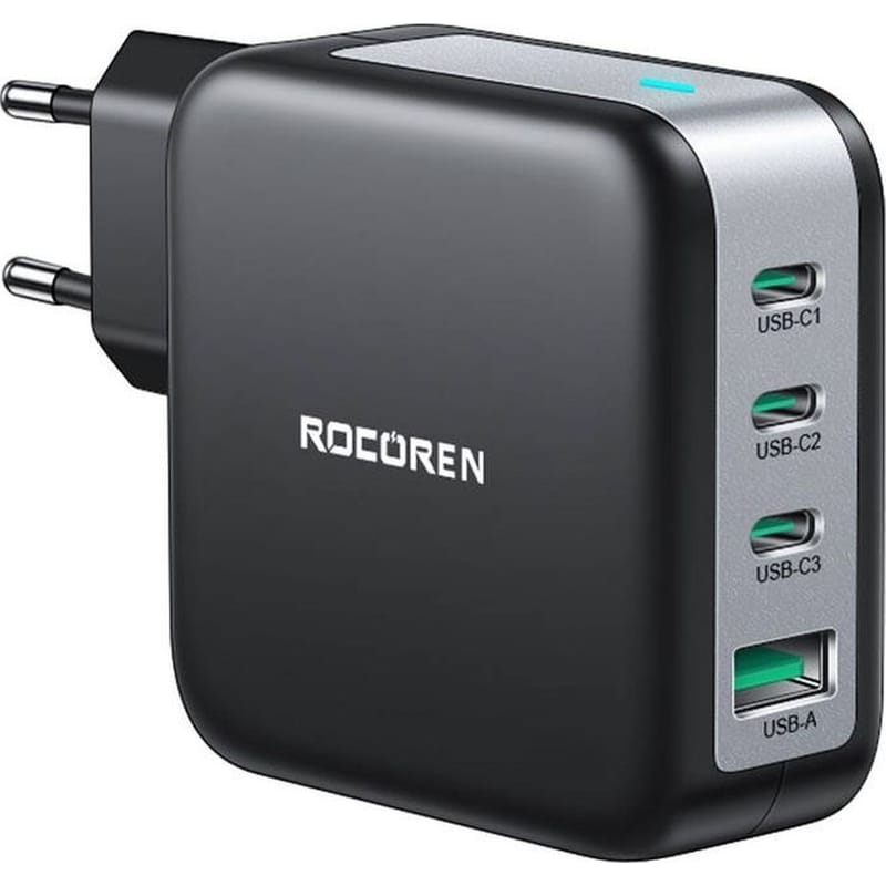 ROCOREN Wall Φορτιστής Gan Rocoren 3x USB-C, 1x USB Power Delivery 3.0, 100W - Μαύρο