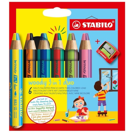 Ξυλομπογιές Stabilo Κραγιόν Stabilo Woody Duo 882 6 Τεμάχια + Ξύστρα image 0