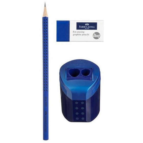 Σετ Γραφής Faber Castell 3 Μολύβια Grip με Γόμα & Ξύστρα Μπλε image 1