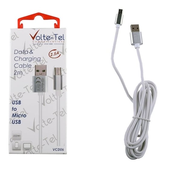 Καλώδιο δεδομένων Volte-tel Vcd06 Aluminium Micro Usb 2.5A 2m - White image 0