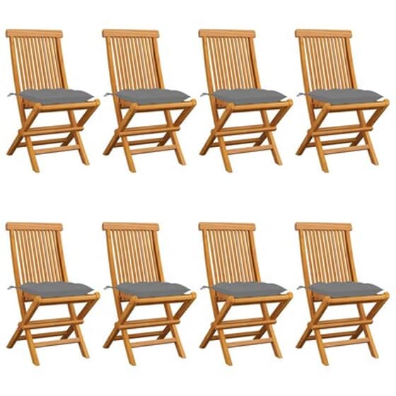 Vidaxl Καρέκλες Κήπου 8 Τεμ. Μασίφ Ξύλο Teak Με Γκρι Μαξιλάρια image 1