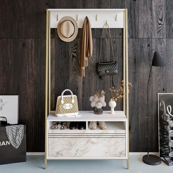 Έπιπλο Εισόδου 24Mall Deve από Μοριοσανίδα/Μέταλλο με Ράφια 94x35.3x180 cm - Λευκο/Χρυσό image 1