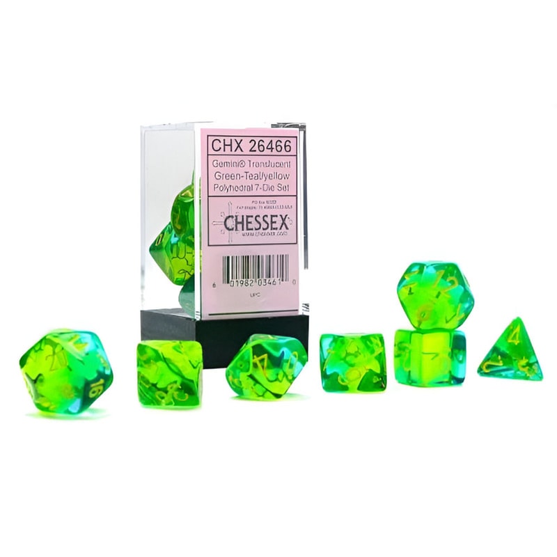 CHESSEX Σετ Ζάρια - 7 Dice Set Gemini Translucent Polyhedral Green-teal With Yellow