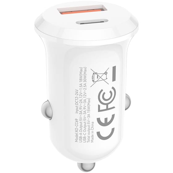 Φορτιστής Αυτοκινήτου XO CC69 1x USB-A / 1x USB-C 30W - White image 2