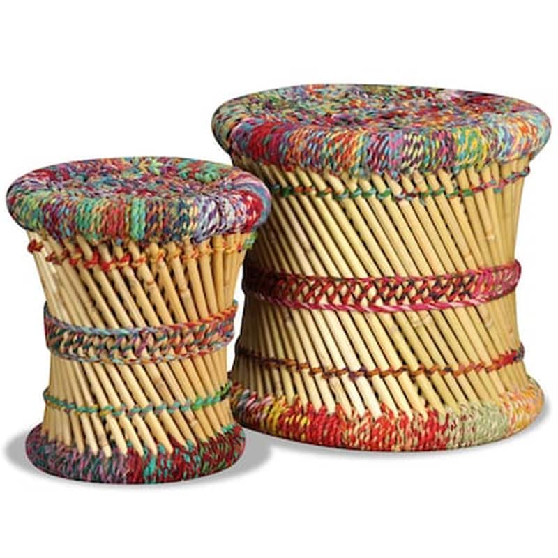 Σκαμπό Σαλονιού Vidaxl Με Λεπτομέρειες Chindi Από Μπαμπού 2 Τμχ - Πολύχρωμα