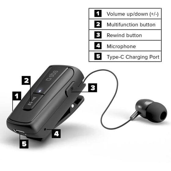 Ακουστικά Bluetooth SBS Retractable Roller Clip - Black image 1