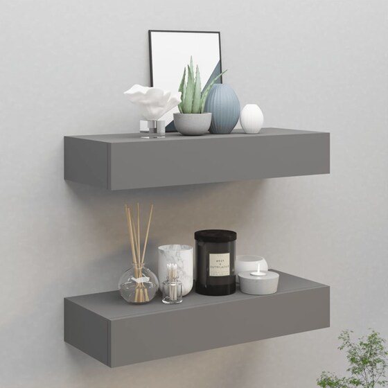 Ράφια Τοίχου VidaXL με Συρτάρι από MDF 60x23.5x10 cm 2 Τμχ- Γκρι image 1