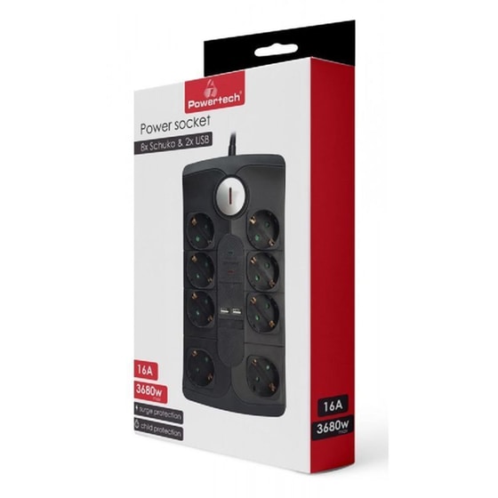 Powertech PT-995 8 Θέσεων με USB 2m - Μαύρο image 2