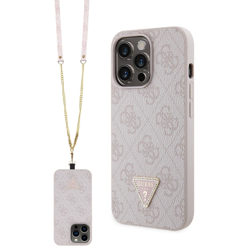 Θήκη Apple iPhone 13 Pro Max - Guess Triangle Metal Logo Strass Collection Crossbody Case - Ροζ