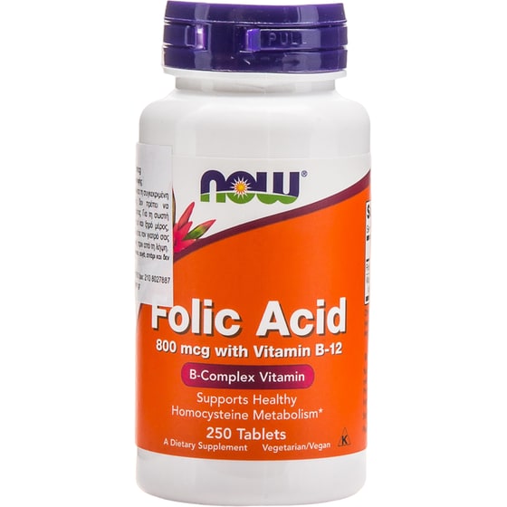 Now Folic Acid Vitamin B12 800mcg - 250 ταμπλέτες image 0