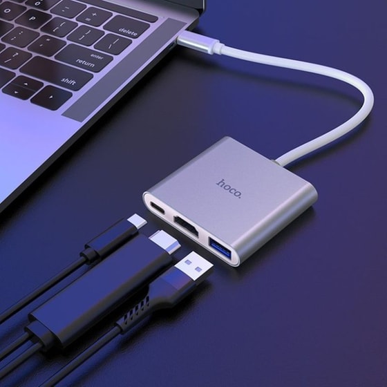 Hub Hoco Hb14 Easy Use Usb-c Με 3 Θύρες Usb 3.0, Usb-c Pd, Hdmi Ασημί image 2