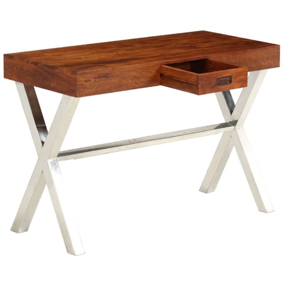 Γραφείο Μελέτης VidaXL από Μασίφ Ξύλο 110x50cm - Καφέ/Ασημί image 2