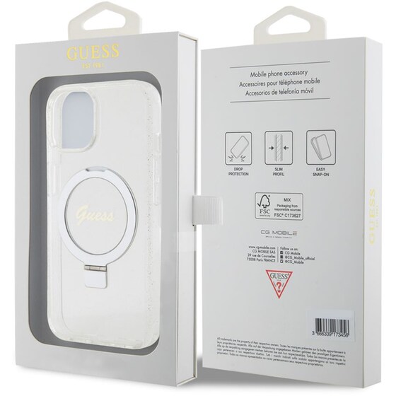 Θήκη Apple iPhone 15 - Guess Magsafe Ring Stand Glitter Hard Case Script Logo - Διάφανο image 3
