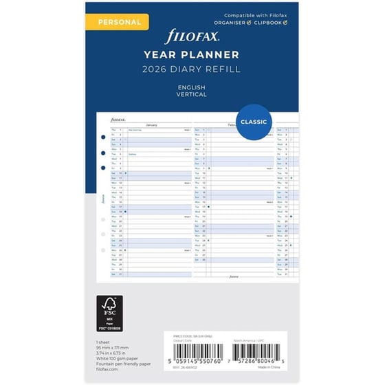 Ανταλλακτικά Φύλλα Ημερολογίου Filofax 2026 Eng. Personal Κάθετο Πλάνο image 0