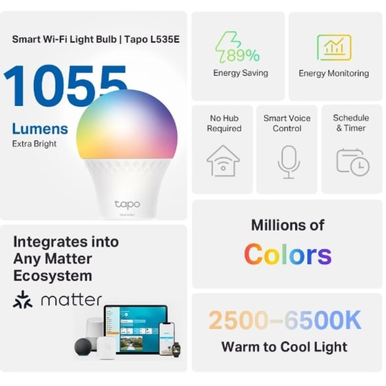 Έξυπνη Λάμπα TP-Link Tapo L535E v3.20, Smart WiFi Light Bulb, Multicolor image 1