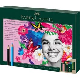 Ξυλομπογιές Faber Castell Polychromos Σετ σε Κασετίνα 32 Τεμάχια & 6 Μολύβια Pitt Graphite Matt & Γόμα & Ξύστρα