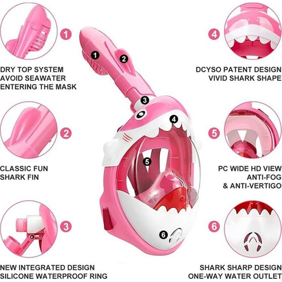 Παιδική Μάσκα Θαλάσσης Thenice Kf-3 Καρχαριάκι Full Face Snorkel Mask XS/S - Ροζ image 4