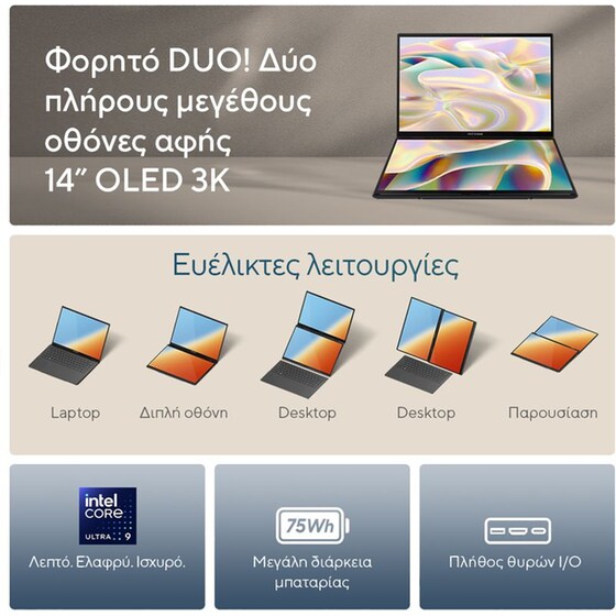 Asus ZenΒook Duo UX8406MA-OLED-PZ192X 14'' 3K OLED (Core Ultra 7-155H/16GB/1TB SSD/Arc Graphics/Win11Pro) Laptop image 5