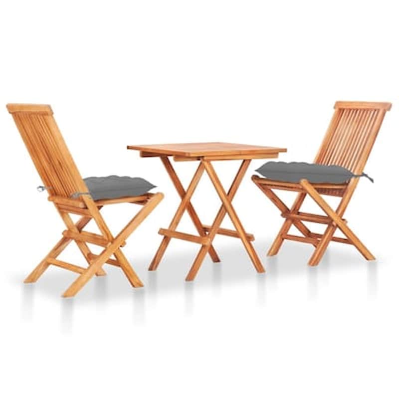 Σετ Επίπλων Mπιστρό Vidaxl 3 Τμχ Με Γκρι Μαξιλάρια Από Μασίφ Ξύλο Teak