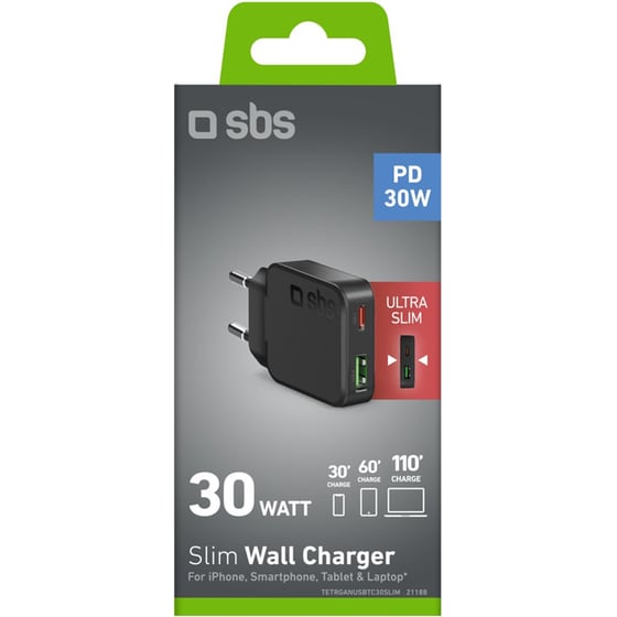 Φορτιστής Πρίζας SBS Slim Wall Charger 1x USB-C / 1x USB-A 30W - Black image 1