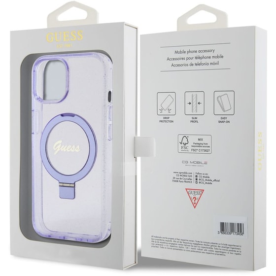 Θήκη Apple iPhone 15 - Guess Magsafe Ring Stand Glitter Hard Case Script Logo - Διάφανο/Μωβ image 1
