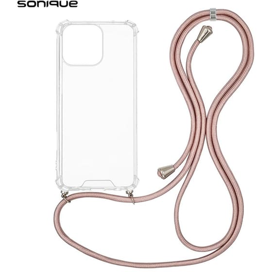 Θήκη Apple iPhone 16 Pro Max - Sonique Armor Clear Θήκη Σιλικόνης με Κορδόνι - Ροζ Χρυσό Σατινέ image 0