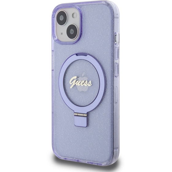 Θήκη Apple iPhone 15 - Guess Magsafe Ring Stand Glitter Hard Case Script Logo - Διάφανο/Μωβ image 5