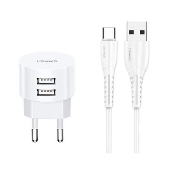 Σετ Φόρτισης Usams T20 2x Usb 2.1A with cable Usb-C 1m - White image 0