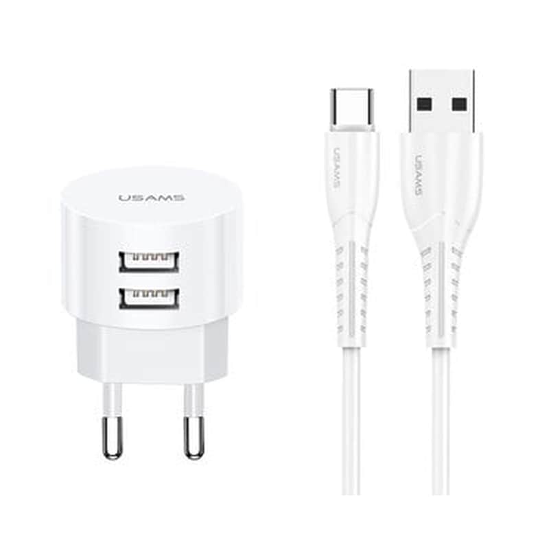 USAMS Σετ Φόρτισης Usams T20 2x Usb 2.1A with cable Usb-C 1m - White