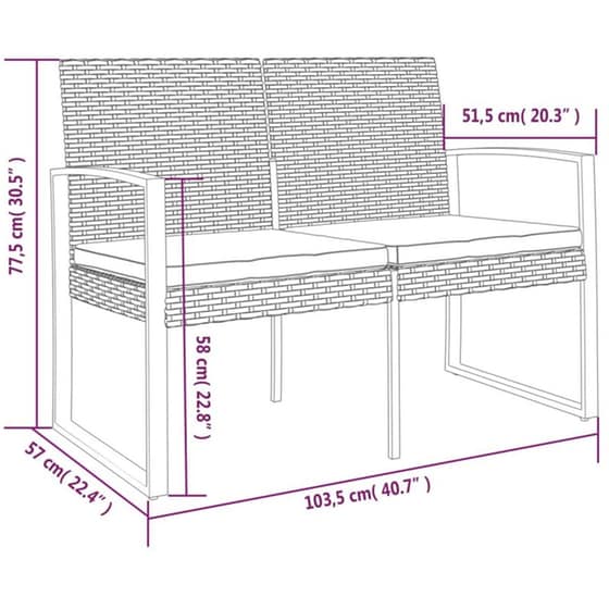 Διθέσιο Παγκάκι Κήπου VidaXL με Μαξιλάρια από Ρατάν Πολυπροπυλενίου 103.5x57x77.5 cm - Μαύρο/Λευκό image 6
