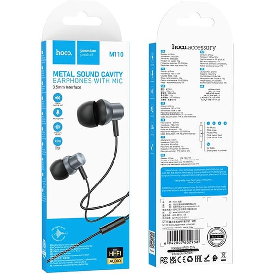 Hands Free Hoco M110 Encourage Universal Earphones Hi-fi Stereo Deep Sound 3.5mm Γκρι 1.2m image 2
