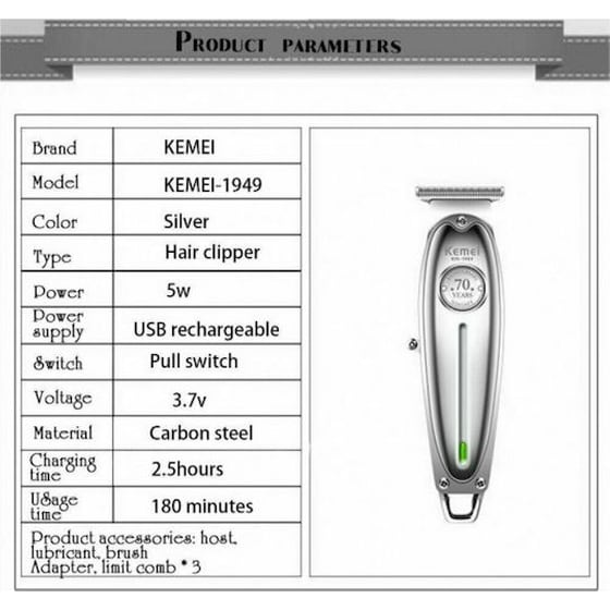 Επαγγελματική Επαναφορτιζόμενη Κουρευτική Μηχανή Ασημί KEMEI KM-1949 image 1