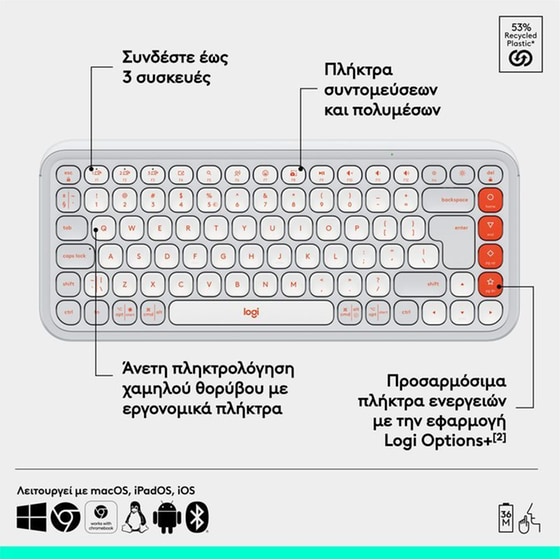 Logitech POP Icon Keys Ασύρματο Πληκτρολόγιο με Bluetooth - Λευκό (US) image 5