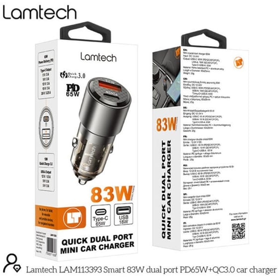 Φορτιστής Αυτοκινήτου Lamtech Quick Dual Port 83W - Μαύρο image 2