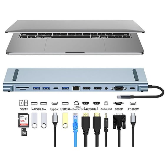 Docking Station Powertech BYL-2003U2 με 12 Θύρες, Βάση Laptop και USB-C - Γκρι image 2