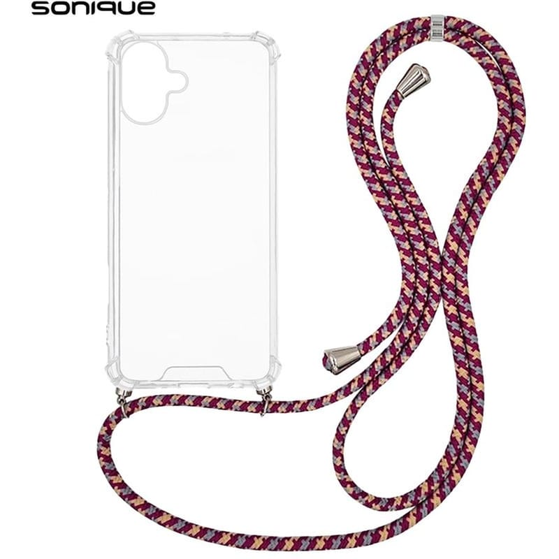 Θήκη Apple iPhone 16 Plus - Sonique Armor Clear Θήκη Σιλικόνης με Κορδόνι - Rainbow Μπορντό