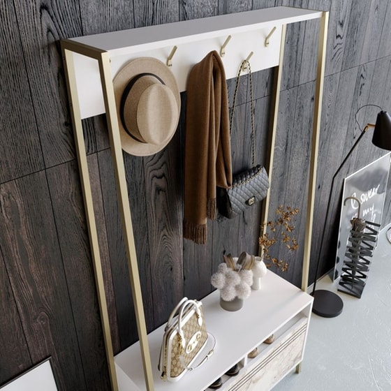 Έπιπλο Εισόδου 24Mall Deve από Μοριοσανίδα/Μέταλλο με Ράφια 94x35.3x180 cm - Λευκο/Χρυσό image 3