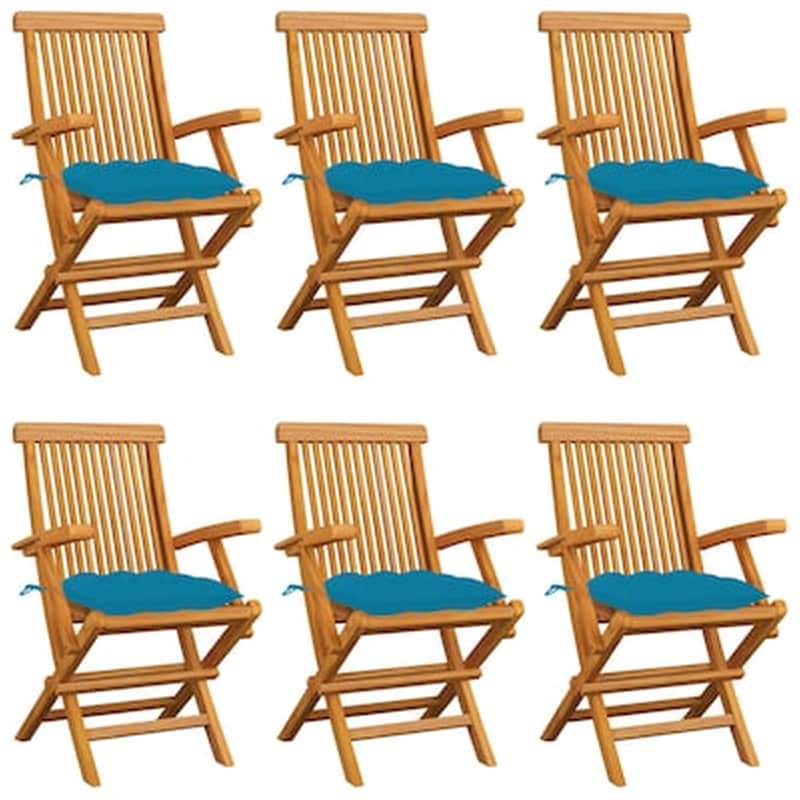 Vidaxl Καρέκλες Κήπου 6 Τεμ. Από Μασίφ Ξύλο Teak Με Γαλάζια Μαξιλάρια