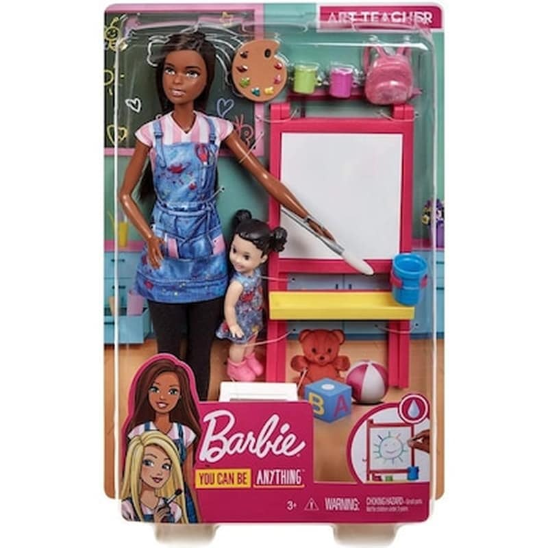 Mattel Barbie You Can Be Anything – Dark Skin Doll Art Teacher With Brunette Kid Doll (gjm30)