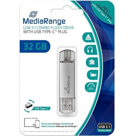 MediaRange 32GB USB 3.0 Stick με σύνδεση USB-A & USB-C Ασημί image 1