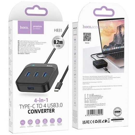 Hub Usb-c Hoco Hb31 Easy 4-in-1 Με 4 Χ Usb3.0 Μαύρο 20cm image 3