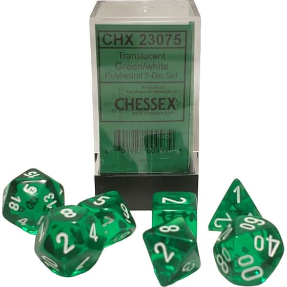Σετ Ζάρια - 7 Dice Set Translucent Polyhedral Green With White Chessex image 2